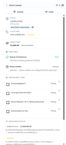 Built-in guardrails. Statute of limitations countdowns, procedural task checklists, and reinsurance notification rules surface automatically based on claim type.