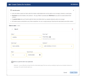 From first notice to active claim in one step. Incidents triage into claims with policy, claimant, and asset data carried through automatically.